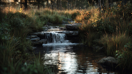 Obraz premium Mini waterfall in the forest evening.
