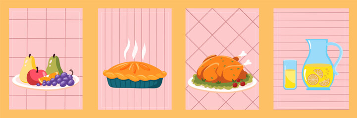 Autumn cute food poster set for thanksgiving and harvest season. Autumn food and turkey. Thanksgiving pie and turkey, lemonade and fruit for holiday design. Cartoon vector illustration