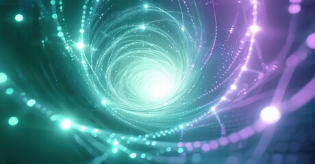 Fototapeta premium Bright swirling vortex. Teal, purple hues dominate. Light trails create tunnel effect. Digital art, futuristic impression.