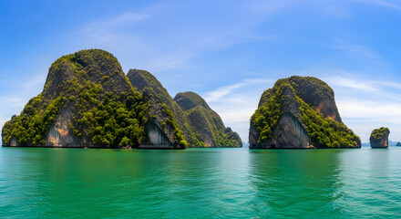 The tropical Thai landscape of Phi Phi Islands features a beautiful coastline with a turquoise sea and dramatic limestone mountains under a clear sky