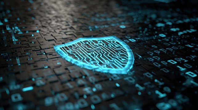 Shield icon made of glowing circuits overlaid on matrix-style binary code