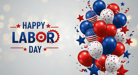 A festive "Happy Labor Day" greeting featuring a vibrant cluster of red, white, and blue balloons, confetti, and stars, celebrating the holiday.