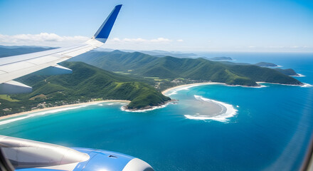 Naklejka premium An aerial view of the turquoise Mediterranean coastline from an airplane window
