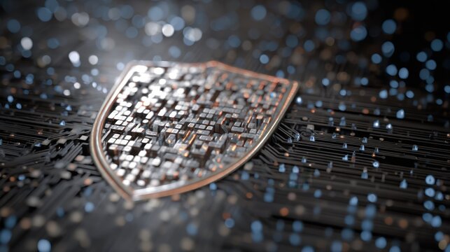 Shield with electric circuit patterns surrounded by flowing binary digits