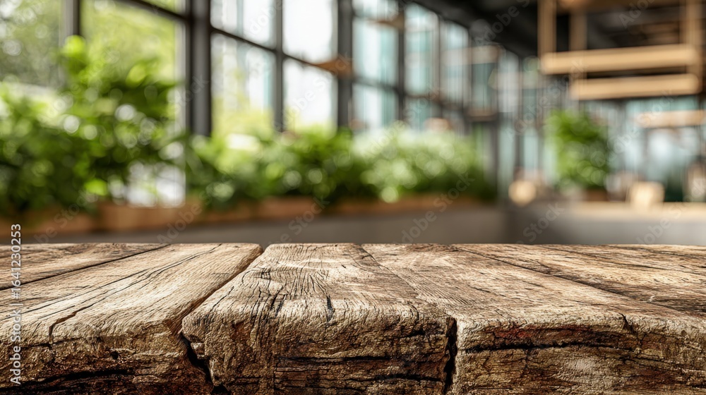 Poster rustic wooden tabletop display with blurred greenery background - perfect for product mockups and co