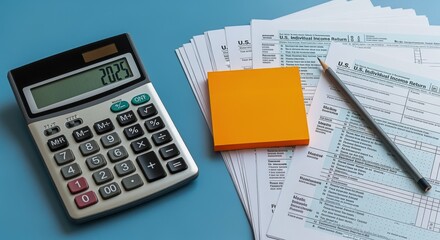 Tax Preparation Concept: Calculator, Forms, Pencil, and Notes on a Clean, Modern Background
