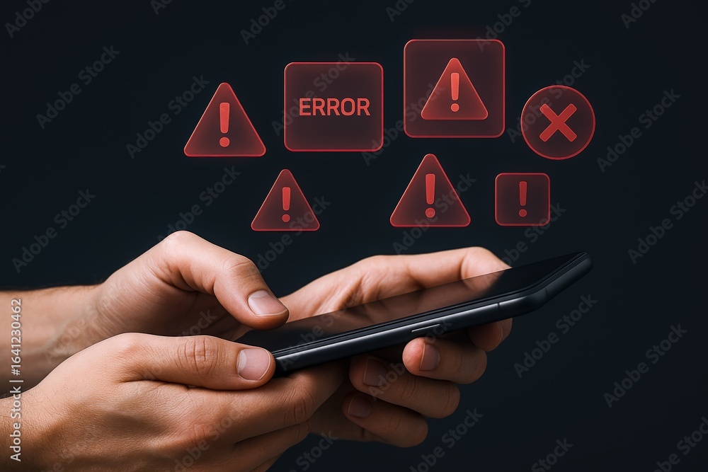 Poster hands holding smartphone displaying error message icons on a dark background - mobile technology con