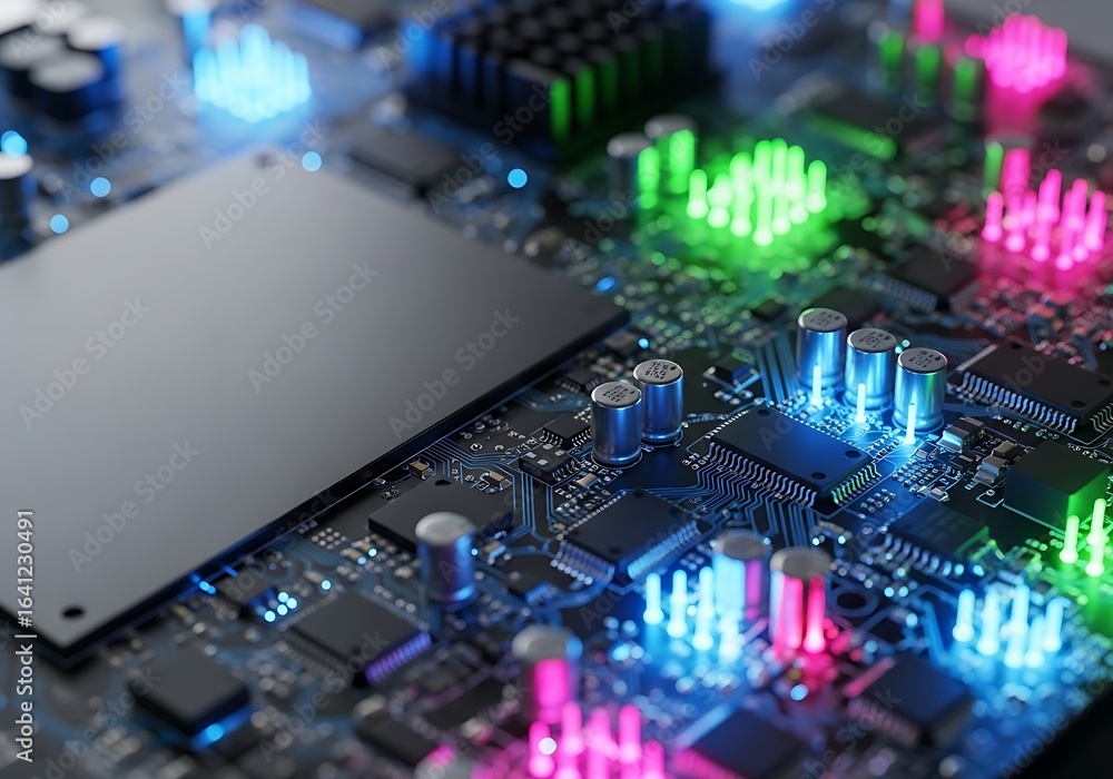 Poster high-tech motherboard close-up with luminous components illustrating advanced computing