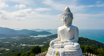 Fototapeta premium White Buddha statue: A serene white Buddha statue perched atop a hill, offering panoramic views of the ocean and lush landscape, embodying tranquility and spiritual contemplation.