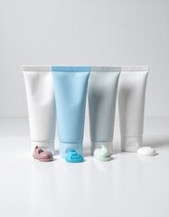Pastel Colored Cosmetic Tubes Arranged with Cream Samples on a White Background