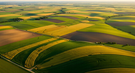 aerial view patchwork agricultural fields golden hour