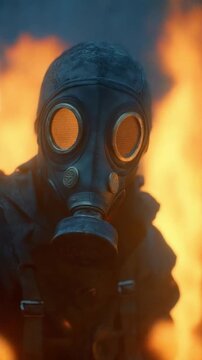 Close up view of a worn dark gas mask with gold tinted eyepieces surrounded by intense orange flames