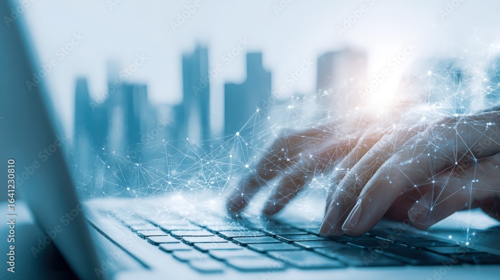 Poster hands typing on laptop with abstract network and cityscape background for business technology