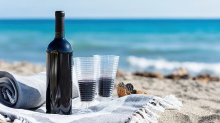 Glass wine bottle next to disposable plastic cups on beach towel, sea in background, luxury vs simplicity