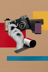 Banner exclusive image collage of retro photo camera author focus lens shooting cadre moment film...