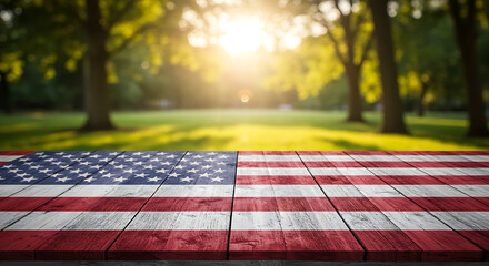 Wooden table with American flag design set against a sunlit park scene.