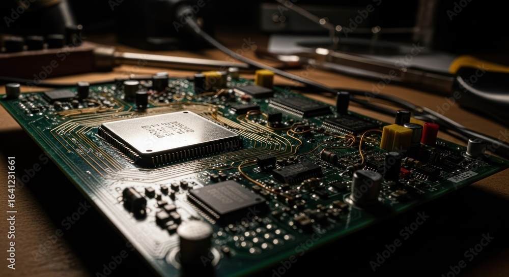 Poster close-up of a circuit board with a central processor. green circuit board, metallic processor chip, 