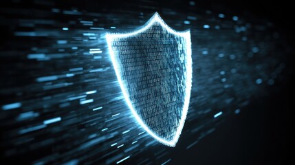 Digital shield with glowing edges surrounded by encrypted binary streams