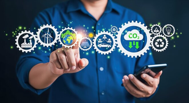 Innovating Sustainable Solutions: Man Interacting with Digital Interface Representing Green Energy and Eco-Friendly Technology