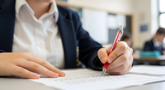 Focused Study in the Classroom: A focused student diligently writes on a paper, the scene bathed in soft light and hints at intellectual exploration and academic endeavor. 