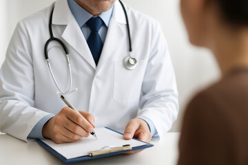 Doctor consultation medical appointment healthcare professional patient talking to doctor medical checkup in clinic with clipboard and stethoscope during medical consultation