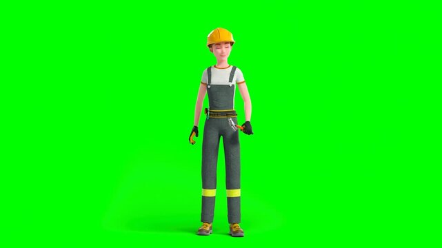 3D Animated Construction Female Worker Wearing Helmet and Gloves Carrying Piler Tools Around Her Waist Waving With Hammer Smiling. Green Screen.