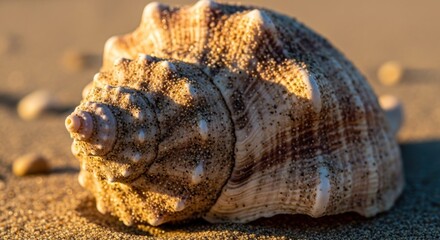 Close-up of a seashell on a sandy beach