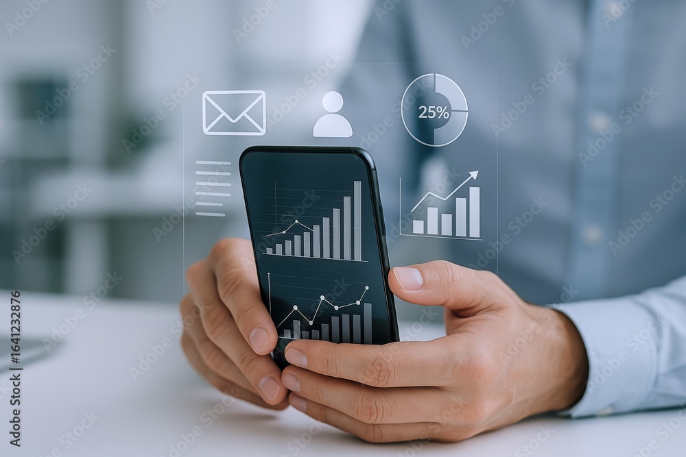 Poster digital business growth: businessman analyzing financial data and progress on smartphone with infogr