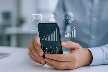 Digital Business Growth: Businessman Analyzing Financial Data and Progress on Smartphone with Infographic Overlay