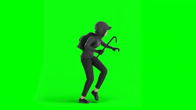 3D Rendered Animated Scene Of Cartoon Female Thief Approaching Quietly Looking Around Tip-Toeing In Green Background