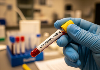 Positive chikungunya test sample held in laboratory environment