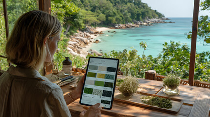 Woman using tablet at beach location freelance work digital nomad lifestyle remote work vacation...