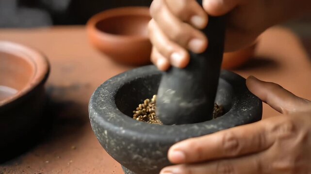 Traditional preparation of aromatic spices in a stone mortar and pestle by hand, a culinary concept