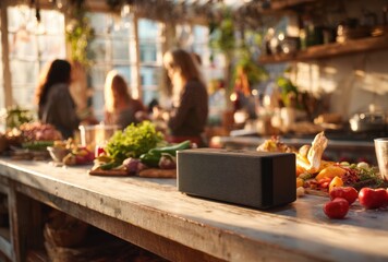 A rustic kitchen counter displays various ingredients and cooking tools, creating a vibrant and inviting atmosphere, perfect for culinary endeavors and food preparation.