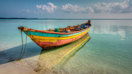 Fototapeta premium Colorful wooden boat anchored in clear turquoise water at dawn