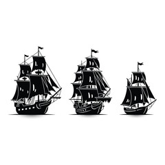 Vector art of three pirate ships isolated on white background
