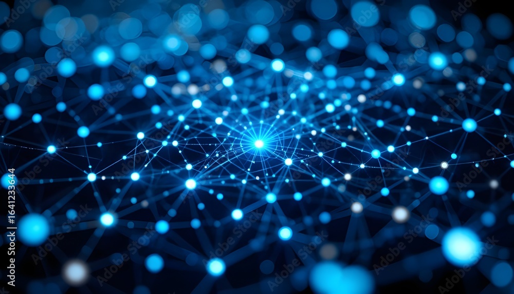 Poster a futuristic network of interconnected blue glowing nodes and lines on a dark background illustratio