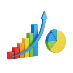 Colorful 3d bar chart and pie chart with upward trend arrow representing business growth and financial success isolated on transparent background