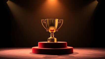 Golden trophy on velvet podium under warm spotlight, symbolizing achievement and elegance.