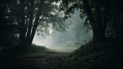 Obraz premium Misty forest path inviting exploration on a tranquil morning