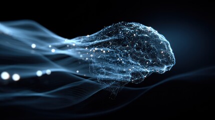 Futuristic AI brain in motion with swirling data waves