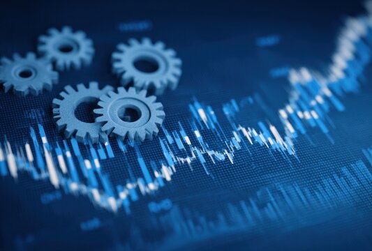 An abstract composition showcases interconnected gears overlaid on a dynamic graph, symbolizing complex systems and technological advancements within a digital realm.