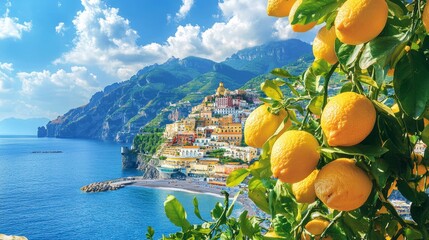 Sunlit coastal town with lemon trees and ocean views.