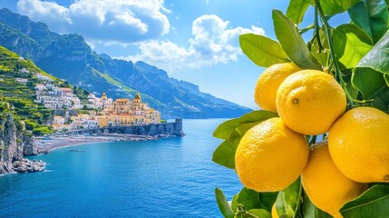 Ripe lemons on a tree branch with a picturesque coastal town and sea in the background. (1)