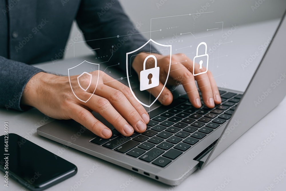 Poster cybersecurity professional typing on laptop with security icons overlaying keyboard, emphasizing dat