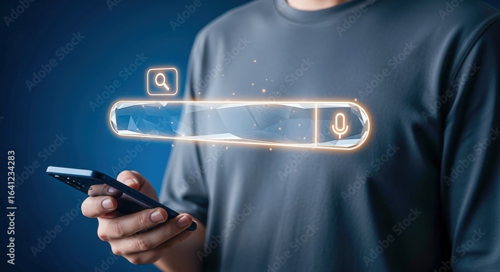 Poster man holding smartphone with digital search bar overlay for online information access and connectivit