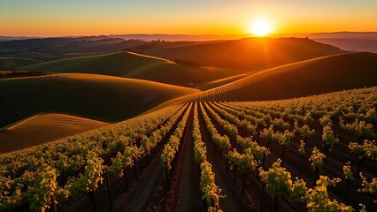 Rolling vineyard hills at sunset with neat rows of grapevines under warm golden hour light.