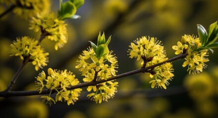 Close-up of delicate yellow blossoms clustered on branches