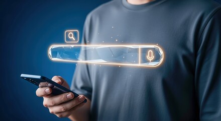 Man Holding Smartphone with Digital Search Bar Overlay for Online Information Access and Connectivity