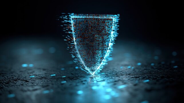 Futuristic digital shield icon with holographic binary code layers